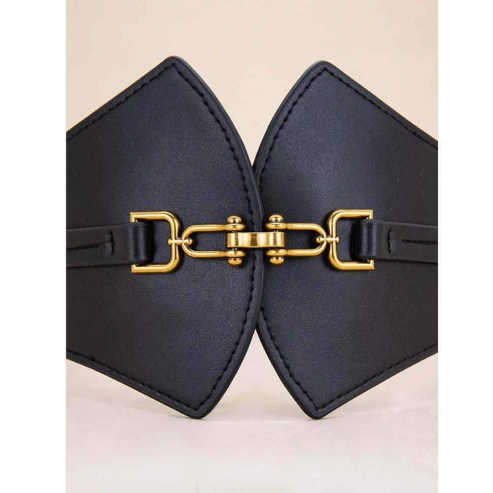 Vegan Faux Leather PU Wide Corset Style Black Belt Elastic Stretchy Back - Picture 4 of 4